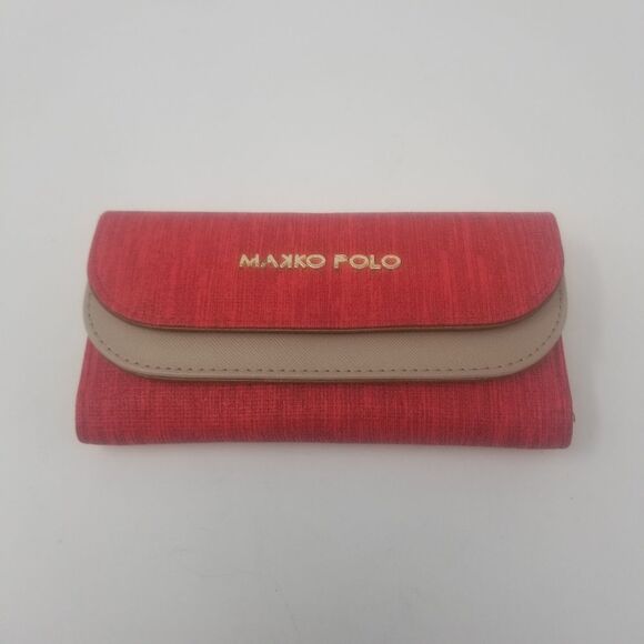 Makko Polo Red Tan Trifold Accordian Double Snap Gold Logo Women's Wallet - Picture 1 of 14